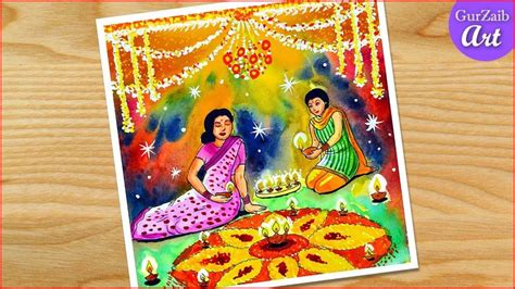 How to happy Diwali celebrations scenery drawing || Indian festival deepawali poster making #3 ...