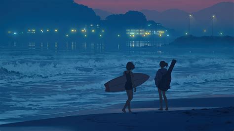 Anime Girls Beach Surfboard Sea 4K #4210h Wallpaper PC Desktop