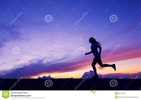 Female Runner Silhouette, Woman Running into Sunset Stock Photo - Image ...