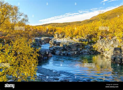 Abisko river in autumn season with autumn colors and blue sky, Abisko national park, Swedish ...