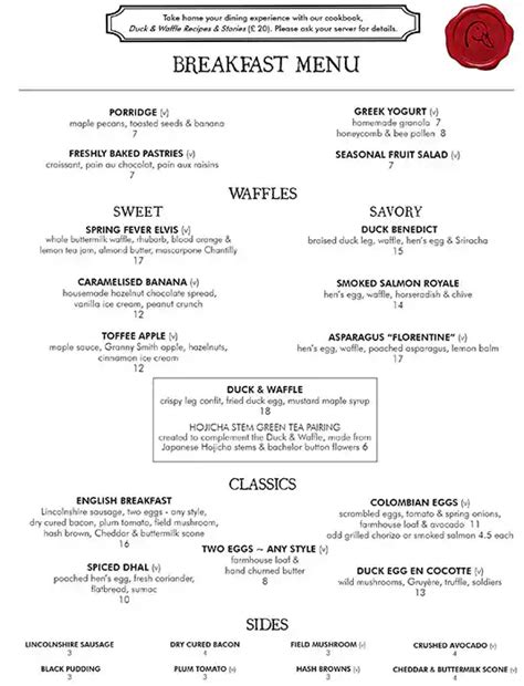 Menu at Duck & Waffle pub & bar, London, 110 Bishopsgate