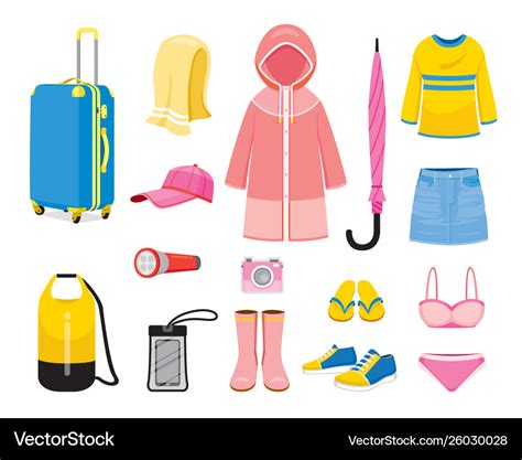 Clothes and necessities for rainy season travel Vector Image