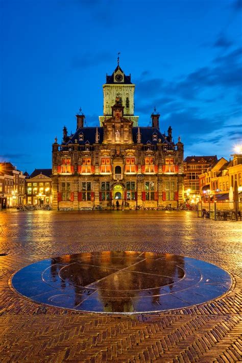 Delft Market Square Markt in the Evening. Delfth, Netherlands Stock ...