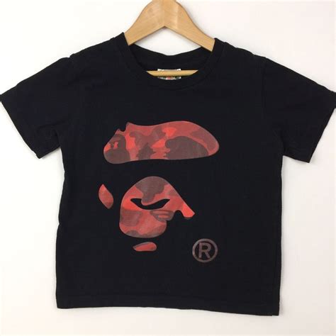 Bape Kids Size Large 120 Unisex T Shirt Red Camo Face On Black A ...