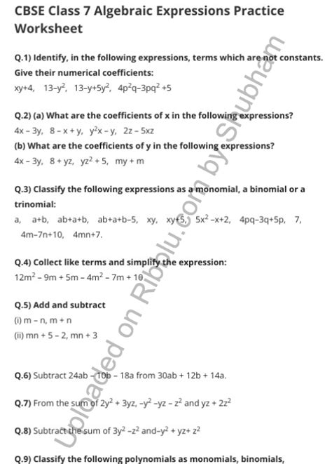 Algebraic Expression Worksheets for Class 7 Maths