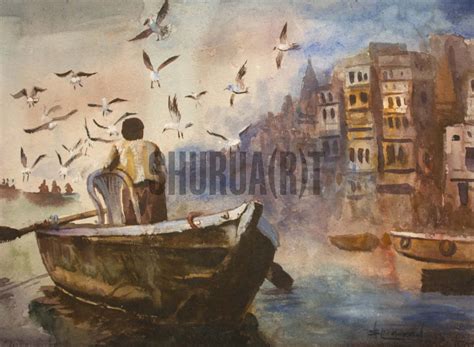 A Painting of Panorama of Ghats in Varanasi | Painting, Varanasi ghats painting, Ghat painting