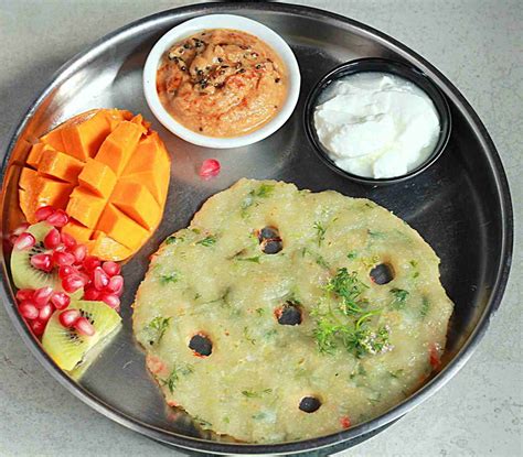 Breakfast Meal Plate: Rava Kakdi Thalipeeth With Kanda Kairi Chutney by ...