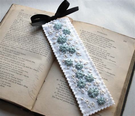 Hand Embroidered Wool Felt Bookmark Ivory Blue in Faded