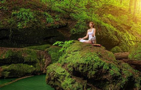 Wallpaper greens, forest, water, girl, trees, nature, pose, stones, moss, Mike, meditation ...