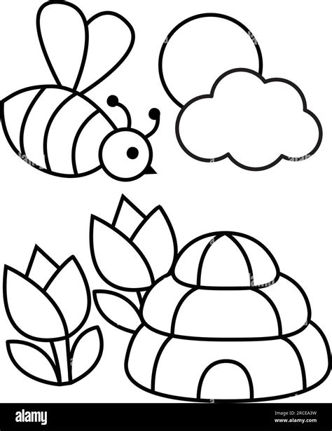 Cute bee flying near hive and flower spring coloring page for kids to colour Stock Vector Image ...