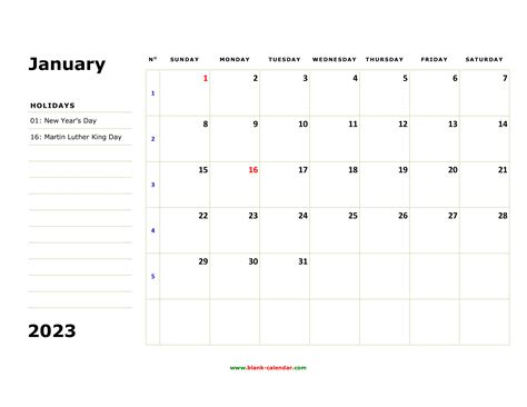 Free Download Printable Calendar 2023, large box, holidays listed, space for notes