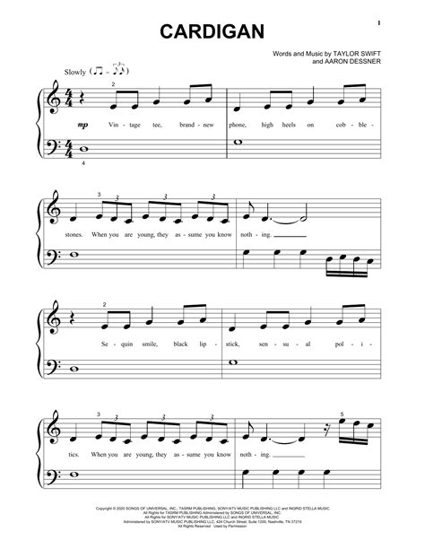 cardigan by Taylor Swift Sheet Music for Beginning Piano Solo at Sheet Music Direct