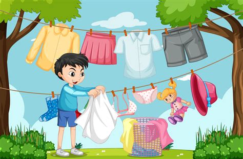 Outdoor scene with a boy hanging clothes on clotheslines 2812068 Vector ...