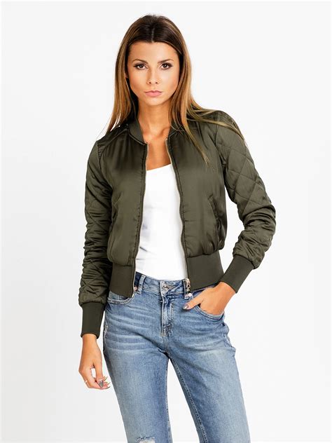 Basic army green bomber jacket coat women 2018 spring Satin pocket ...