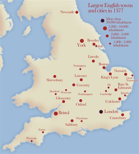 Largest English towns and cities in 1377. | Map of britain, England map, English history