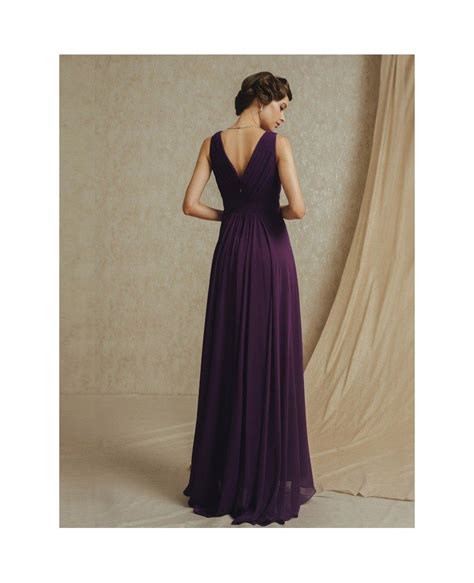 Grape Purple Empire Long Chiffon V-neck Bridesmaid Party Dress #BS041 $139 - GemGrace.com