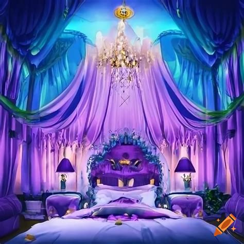 Anime-style bedroom with a purple chandelier and sky wings