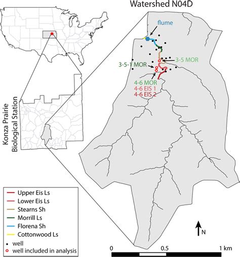 Map of Konza Prairie Biological Station and watershed N04D. Locations... | Download Scientific ...