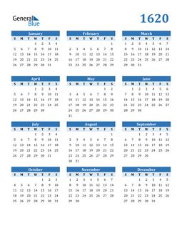 1620 Calendar (PDF, Word, Excel)