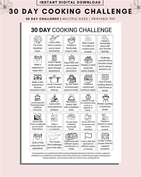 30 Day Cooking Challenge Printable, 30 Day Healthy Eating Challenge, 30 Day Food Challenge ...