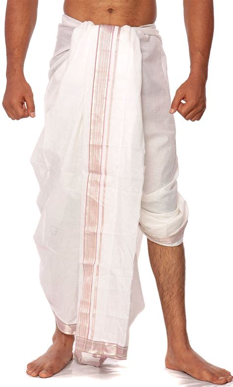 White Dhoti from Kerala with Silver Weave on Border