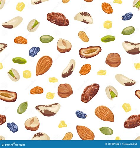 Seamless Pattern with Mix of Dried Fruits, Nuts and Seeds on a White Background. Vector ...