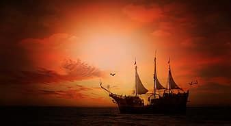 ship, sunset, flags, flags and pennants, sea, north sea | Pikist