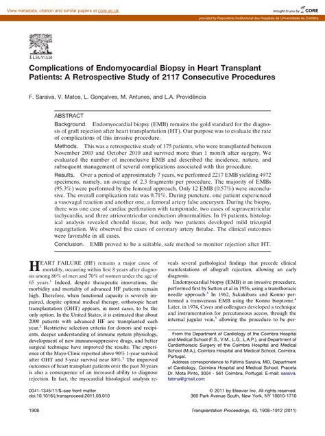 Complications of Endomyocardial Biopsy in Heart Transplant Patients: a Retrospective Study of ...