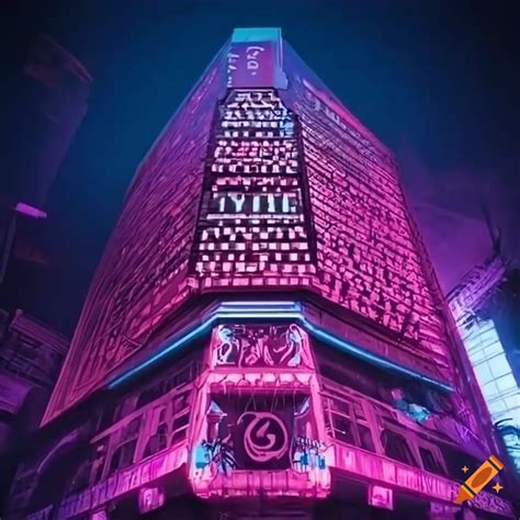 Neon lighted cyberpunk building with the letters i y s t m