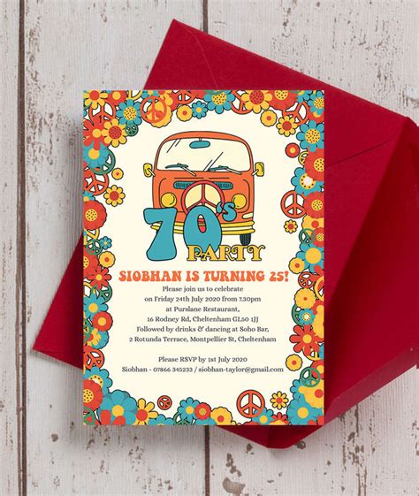 1970s Hippie Birthday Party Invitation from £0.90 each