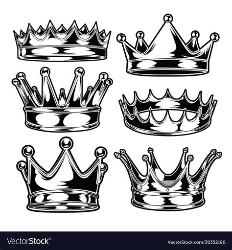 Crown king and queen set black white Royalty Free Vector