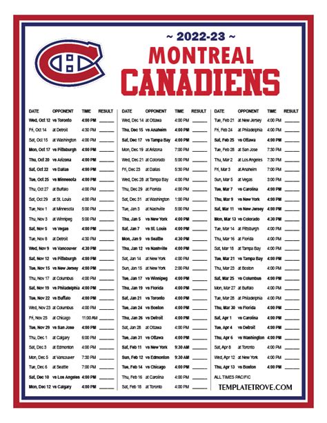 Printable 2022-2023 Montreal Canadiens Schedule