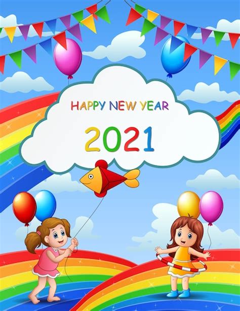 Premium Vector | New year poster design with kids on rainbow