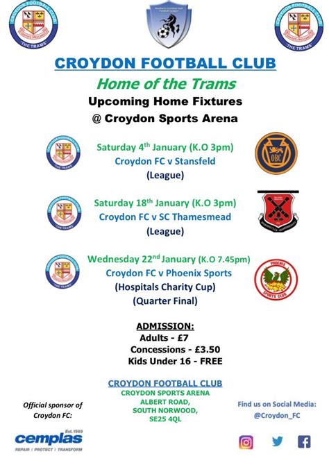 Croydon FC home fixtures for January 2020 at Croydon Arena | Inside Croydon