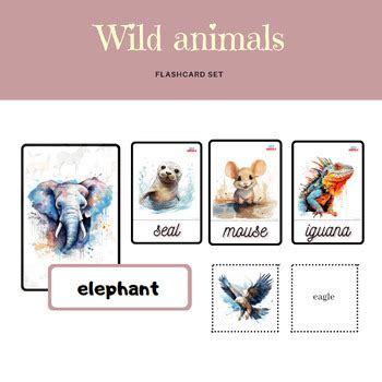 Wild Animals Flashcards Set, Cute Water-Paint Like Graphic, (ESL )