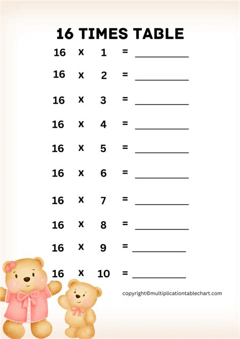 Sixteen Times Table Worksheet | Multiplication Table