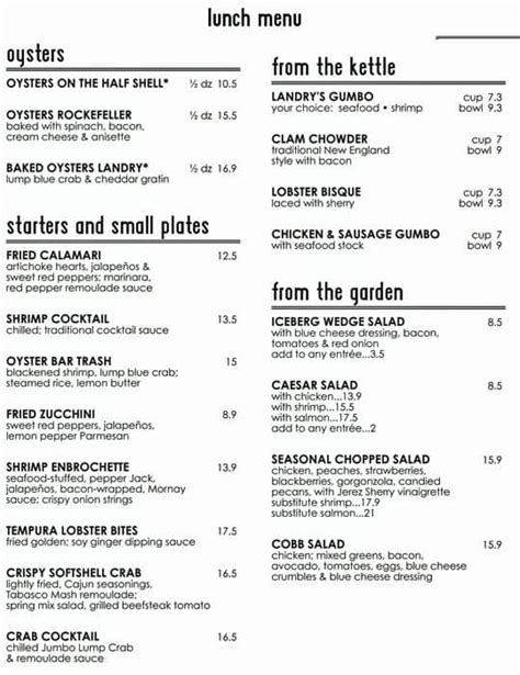 Menu at Landry's Seafood House steakhouse, San Antonio