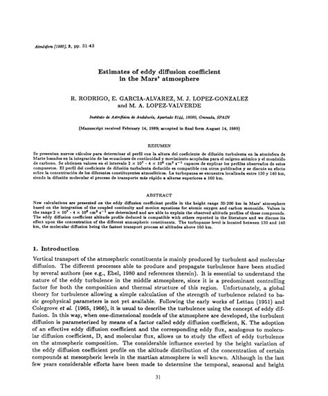 (PDF) Estimates of eddy diffusion coefficient in the Mars' atmosphere