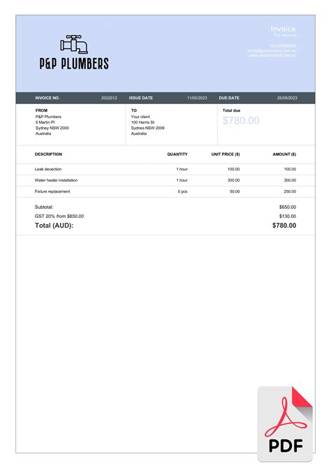 Free Professional Plumbing Invoice Templates in PDF | Billdu