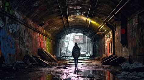 A lone figure walking through an abandoned, graffiti-covered subway tunnel