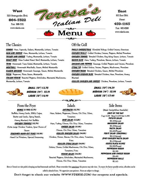 Menu of Teresa's Italian Deli in Erie, PA 16504