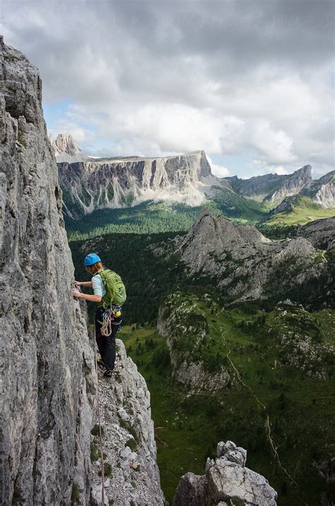 "Female Alpinist Walking Along A Narrow Ledge, Rock Climbing Outdoor ...