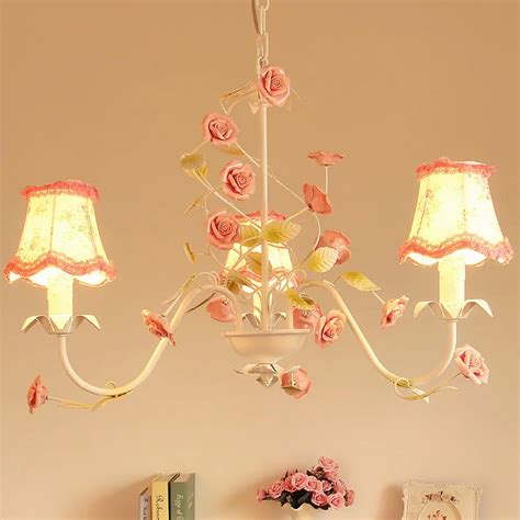 Country Rustic Living Room Chandeliers Floral Fabric Metal Leaf Pink Ceramic Rose Bedroom Bar ...