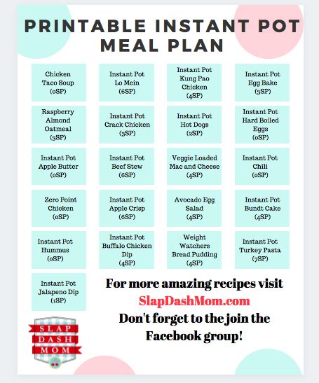 Weight Watchers Friendly Printable Instant Pot Meal Plan - Slap Dash Mom