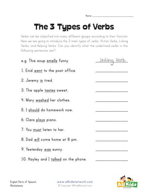 3 Types of Verbs Worksheet | PDF