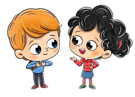 Cute Boy and Girl Talking on White Background - Vector Illustration