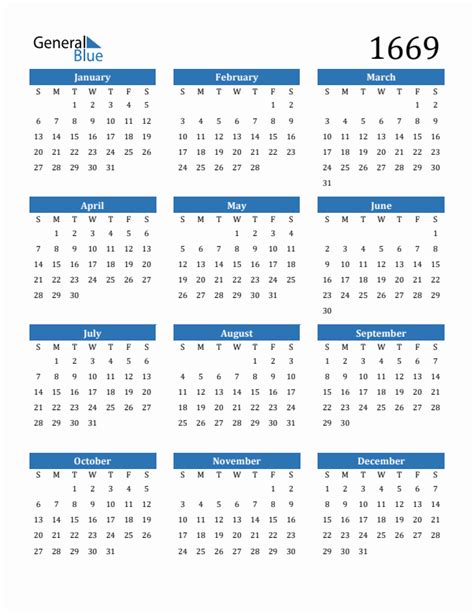 Free 1669 Calendars in PDF, Word, Excel