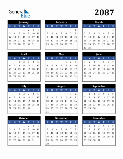 Free 2087 Calendars in PDF, Word, Excel