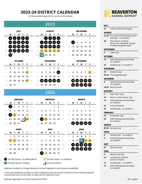 Beaverton School District Calendar 2024-2025