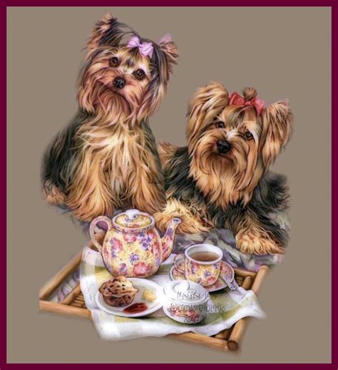 two small dogs sitting next to each other on a tray with teacups and ...